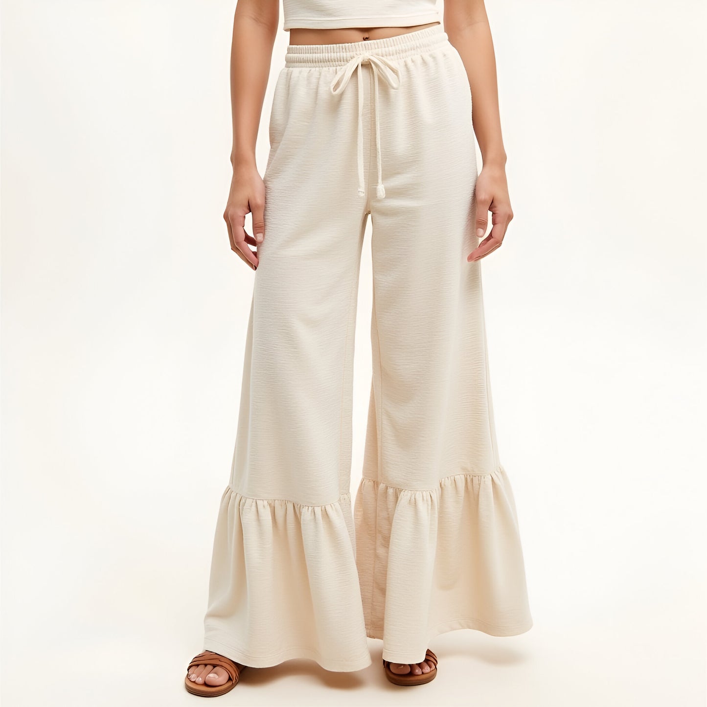 Sleeveless Mock Neck Crop Top and Tiered Wide-Leg Pants Set
