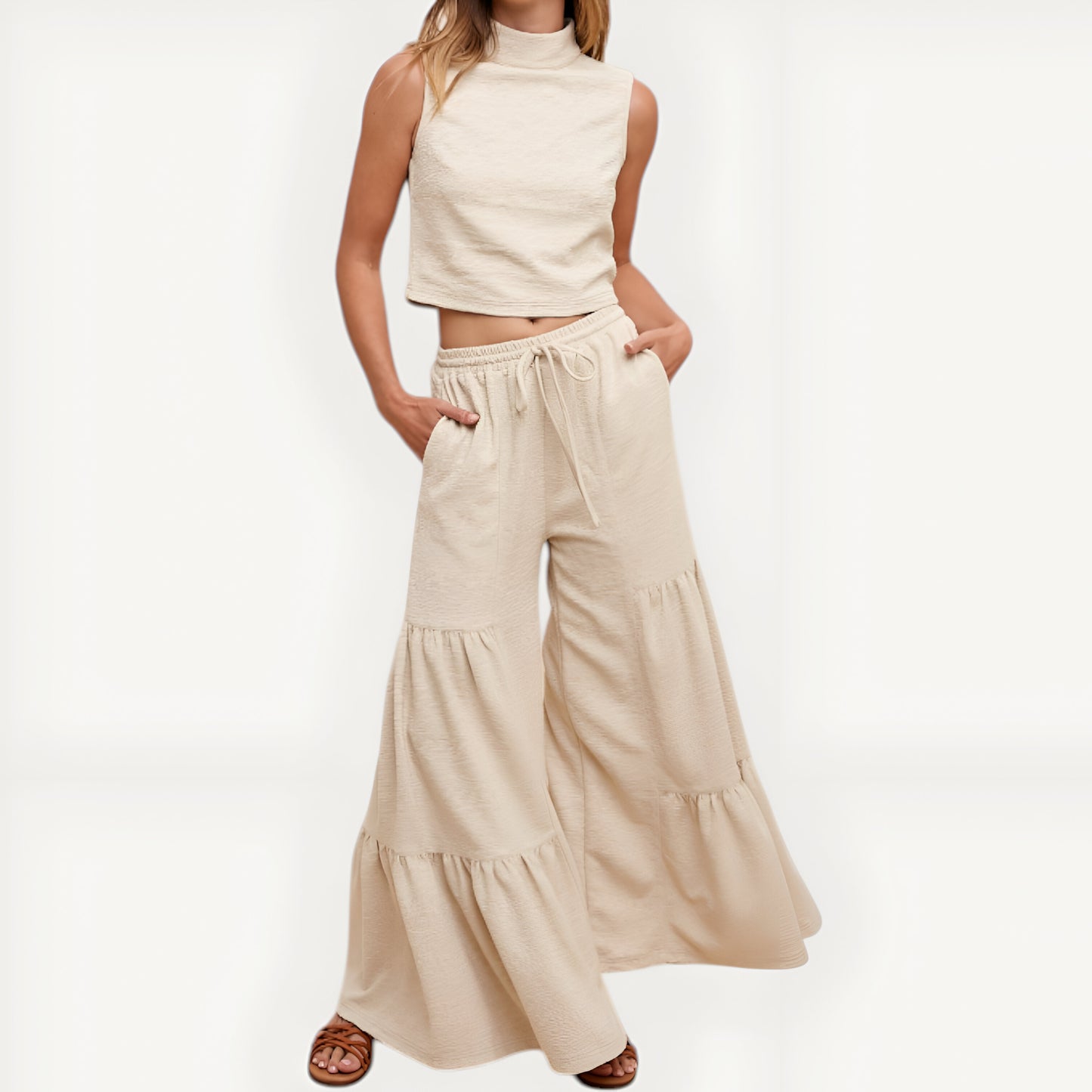 Sleeveless Mock Neck Crop Top and Tiered Wide-Leg Pants Set