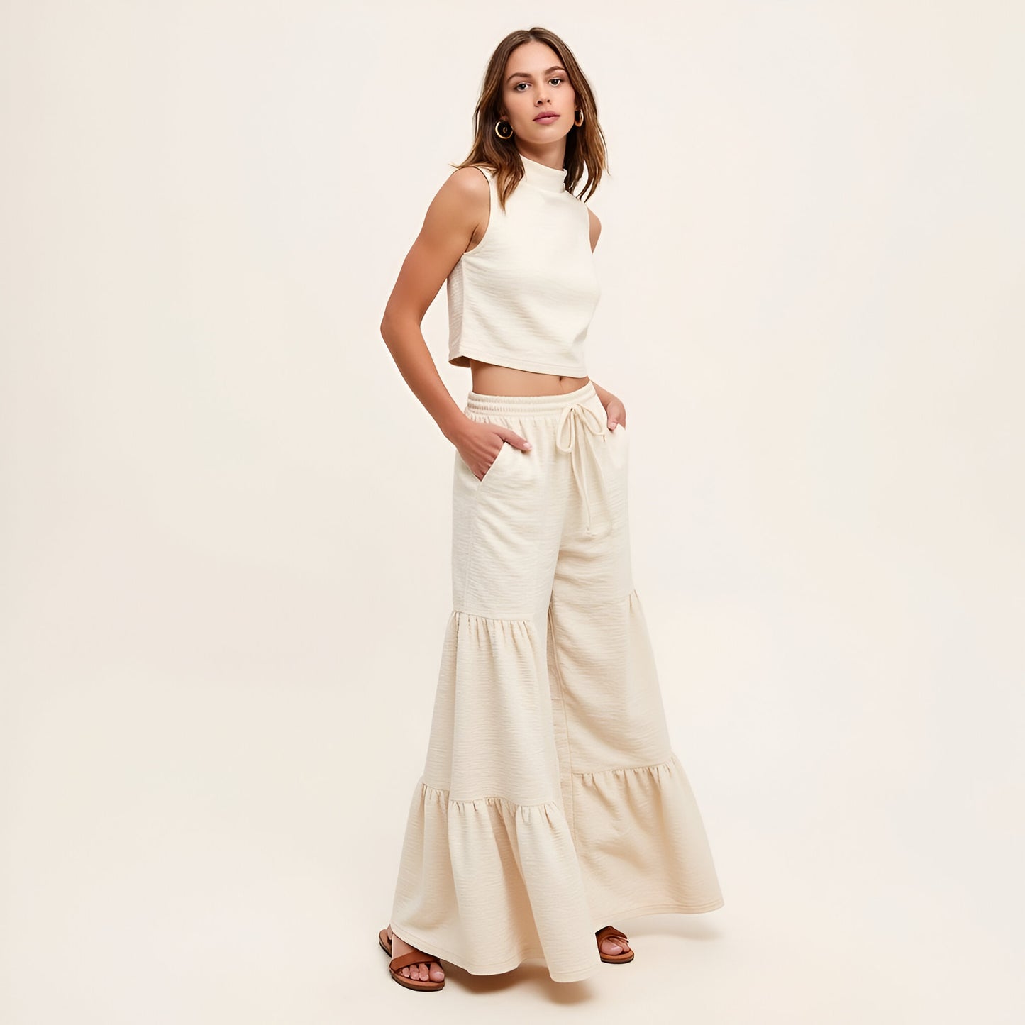 Sleeveless Mock Neck Crop Top and Tiered Wide-Leg Pants Set