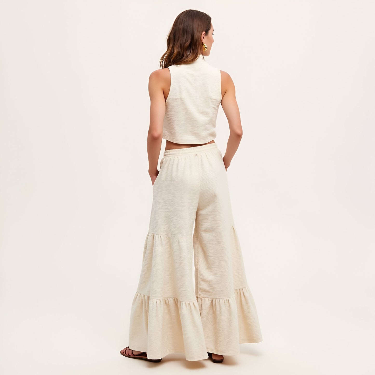 Sleeveless Mock Neck Crop Top and Tiered Wide-Leg Pants Set