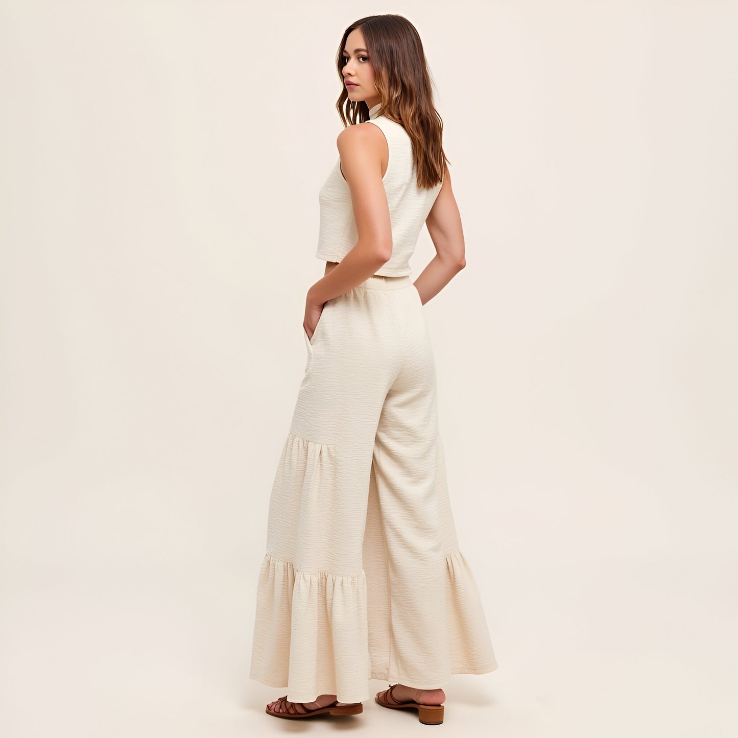Sleeveless Mock Neck Crop Top and Tiered Wide-Leg Pants Set