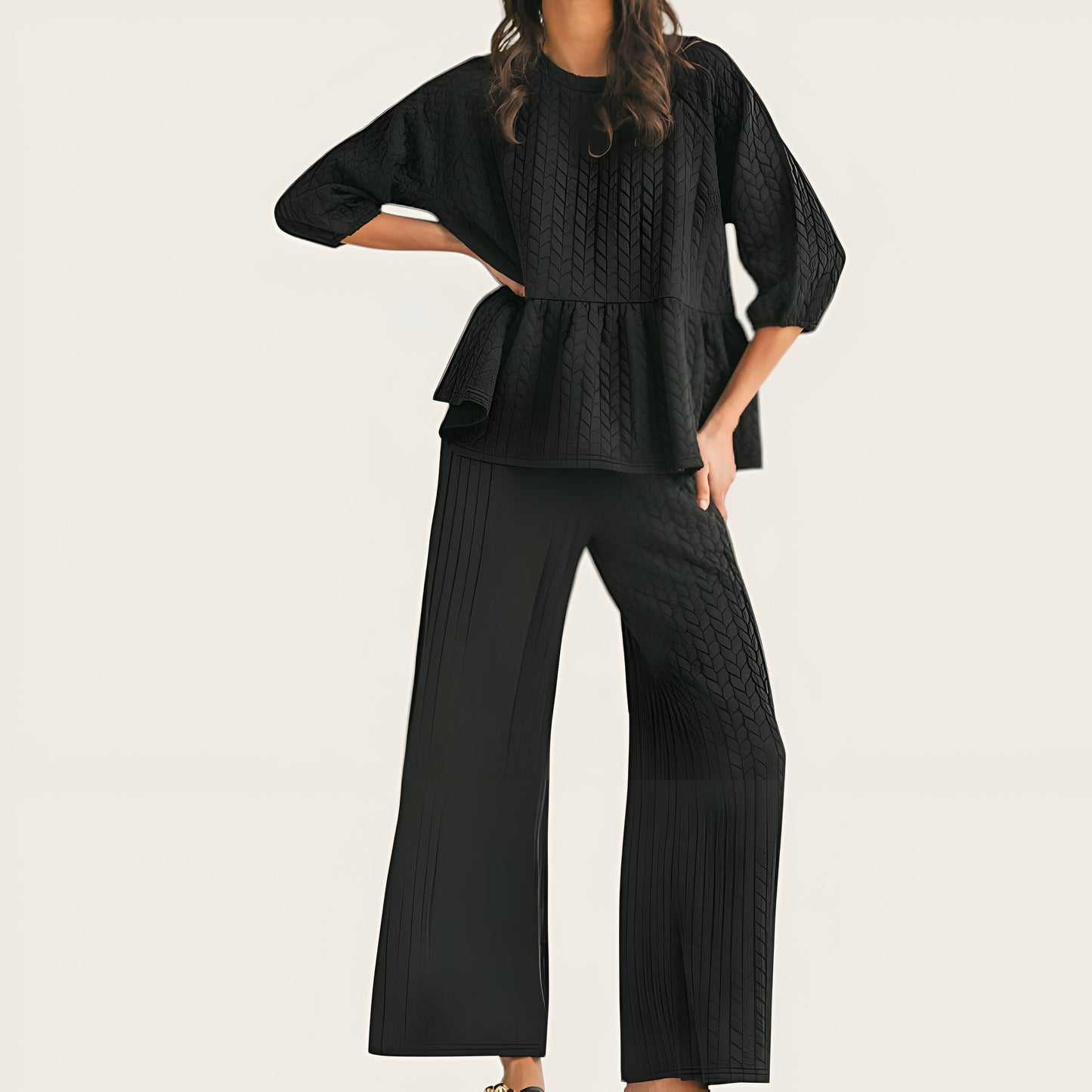 Textured Peplum Top and Wide-Leg Pant Set with Relaxed Silhouette