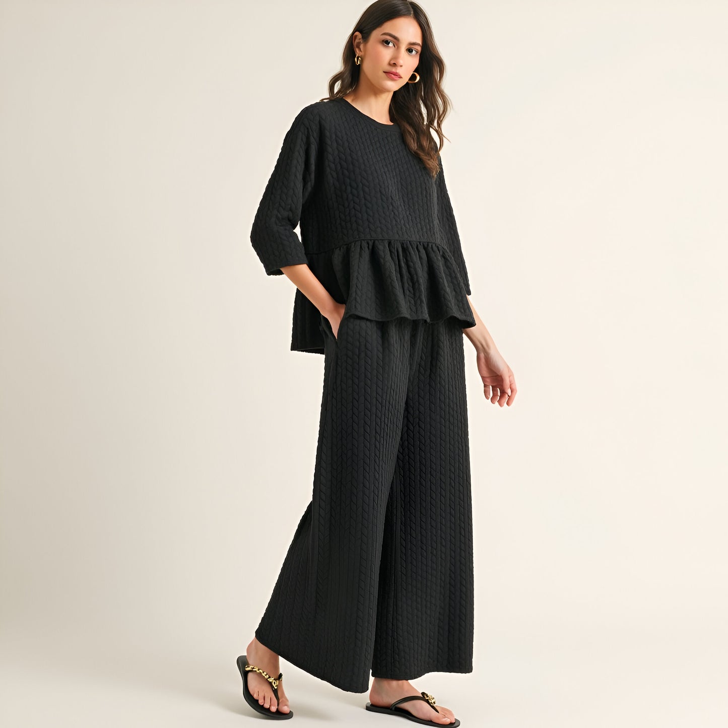 Textured Peplum Top and Wide-Leg Pant Set with Relaxed Silhouette