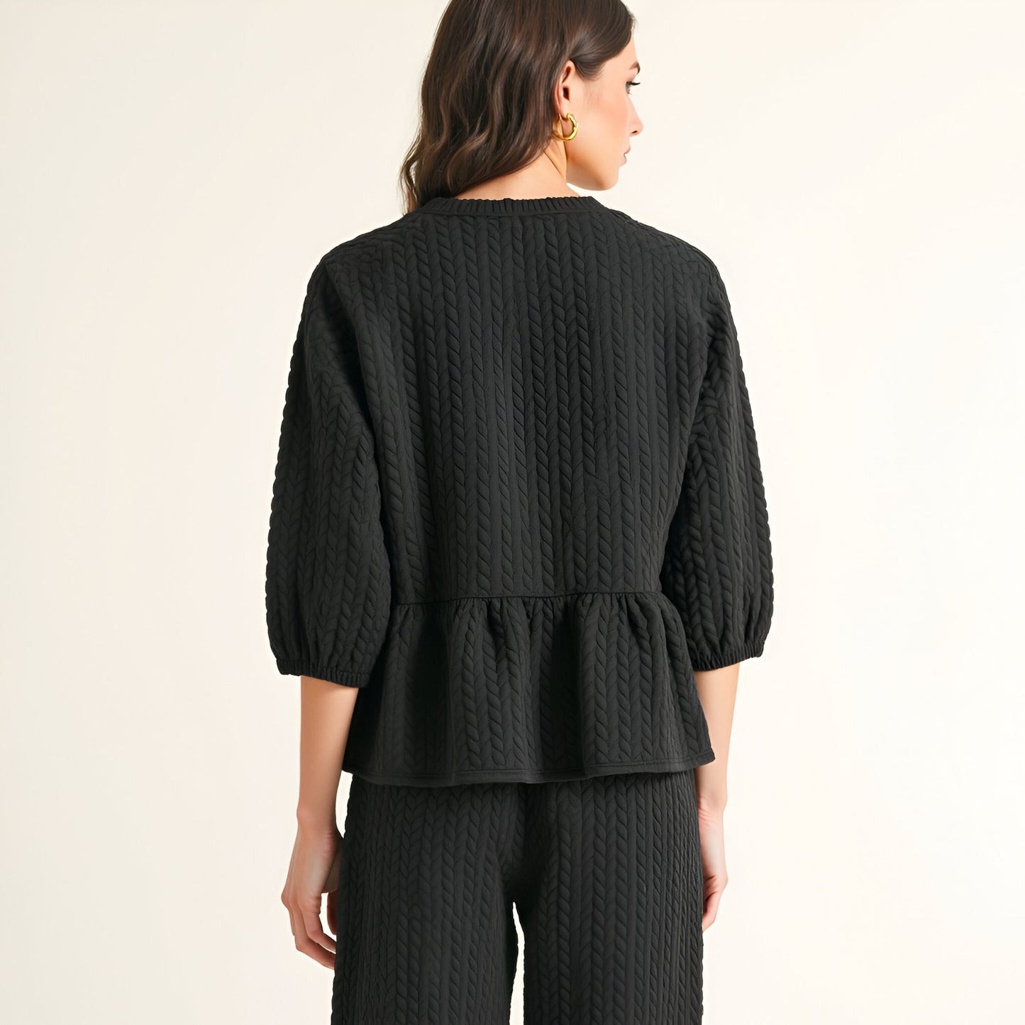Textured Peplum Top and Wide-Leg Pant Set with Relaxed Silhouette