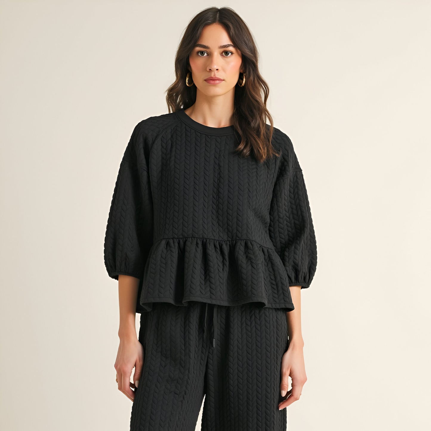 Textured Peplum Top and Wide-Leg Pant Set with Relaxed Silhouette