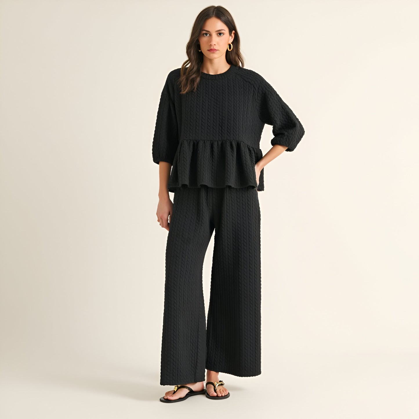 Textured Peplum Top and Wide-Leg Pant Set with Relaxed Silhouette