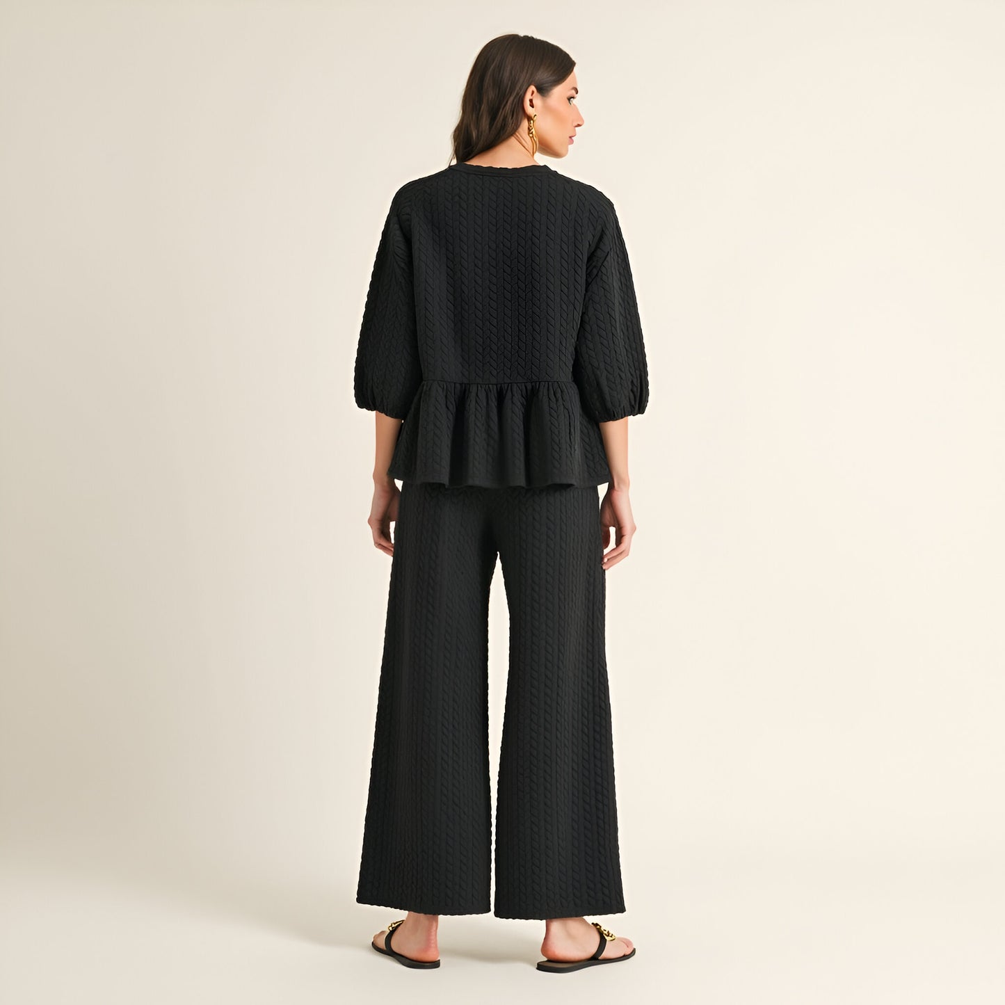 Textured Peplum Top and Wide-Leg Pant Set with Relaxed Silhouette