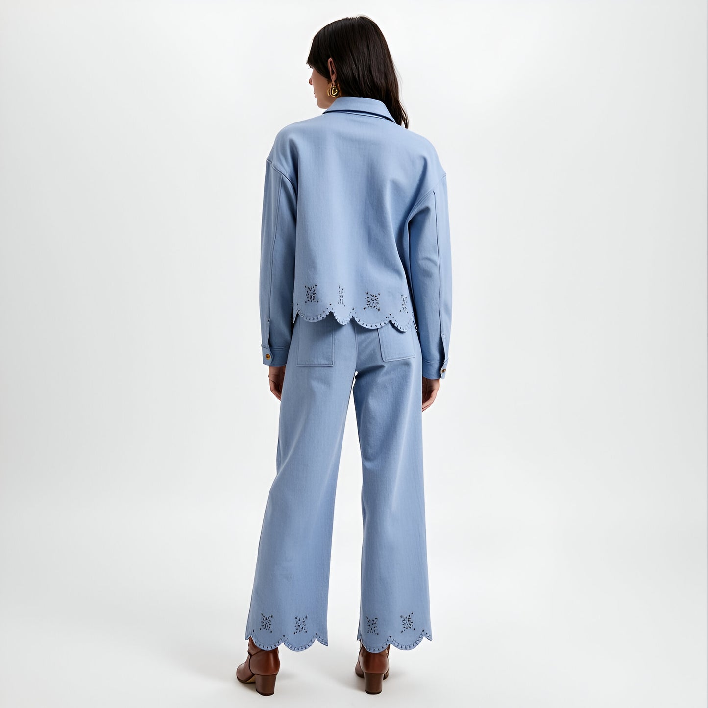 Embroidered Scallop Hem Jacket and Wide-Leg Pants Set