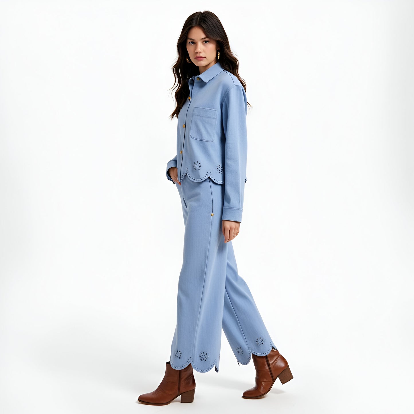 Embroidered Scallop Hem Jacket and Wide-Leg Pants Set