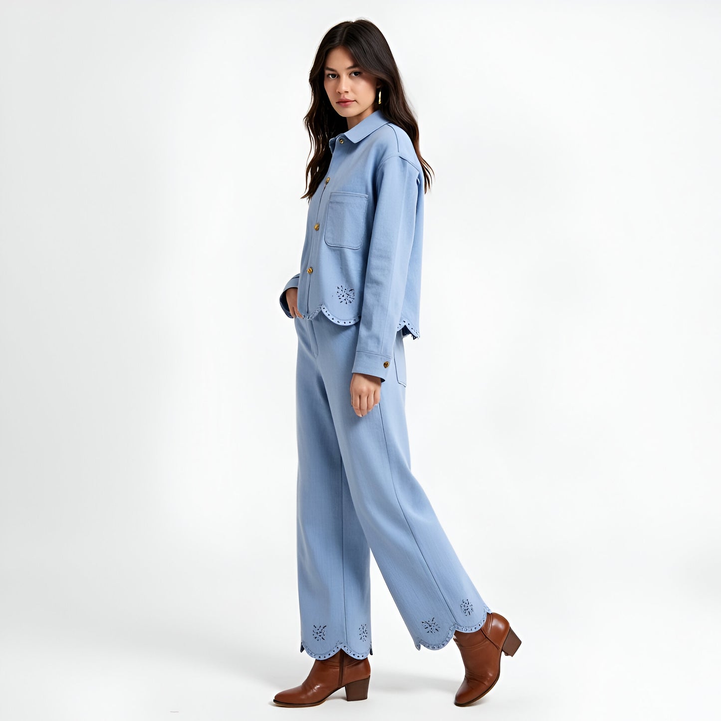 Embroidered Scallop Hem Jacket and Wide-Leg Pants Set