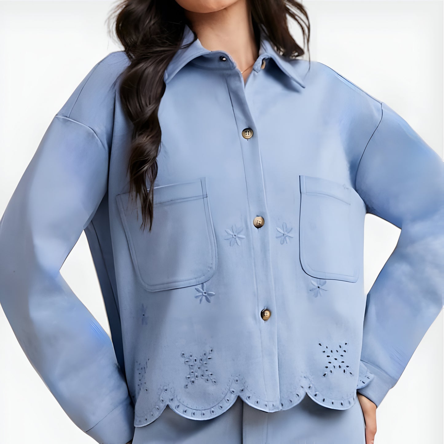 Embroidered Scallop Hem Jacket and Wide-Leg Pants Set