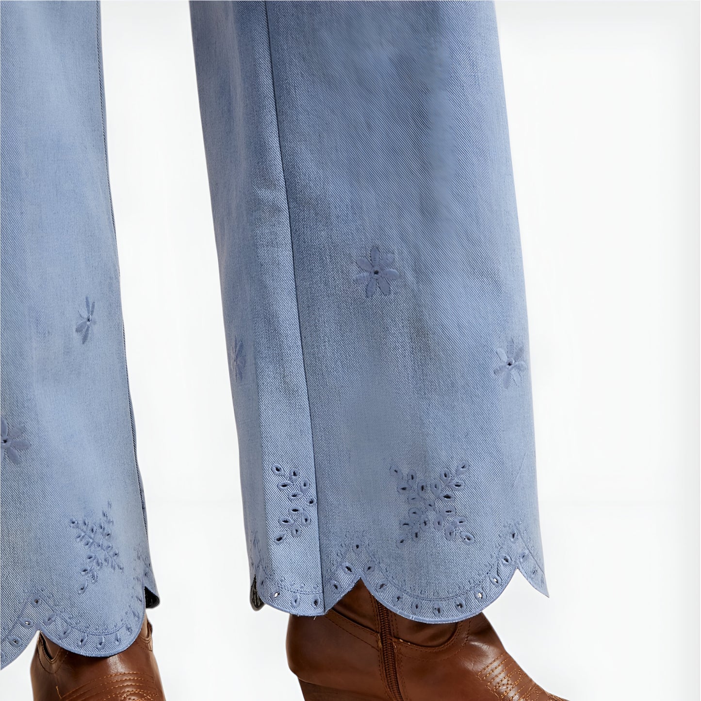 Embroidered Scallop Hem Jacket and Wide-Leg Pants Set