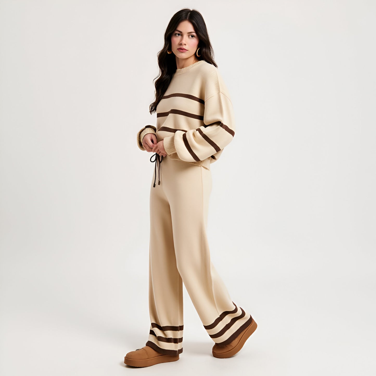 Cozy Striped Sweater and Wide Leg Pants Lounge Set