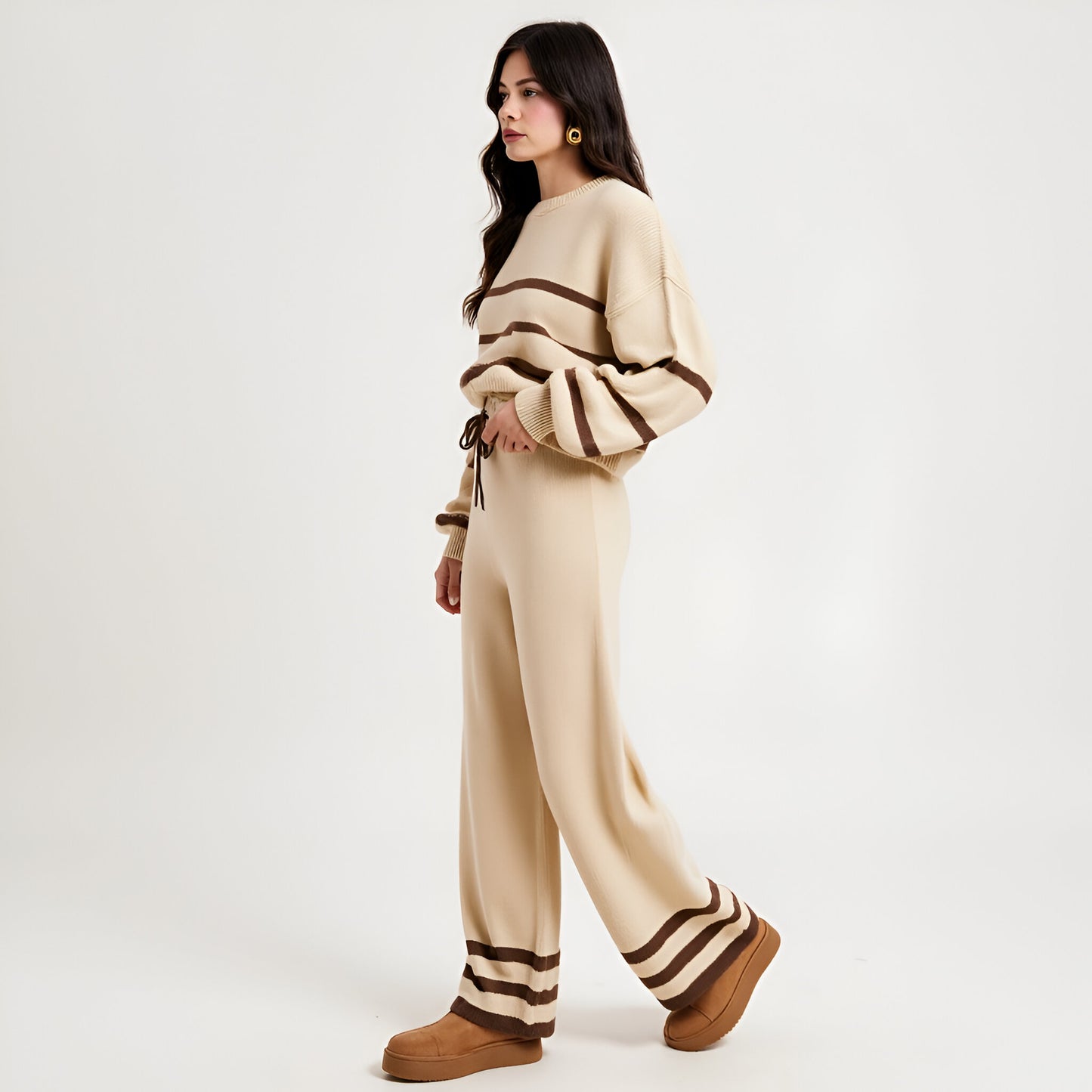 Cozy Striped Sweater and Wide Leg Pants Lounge Set