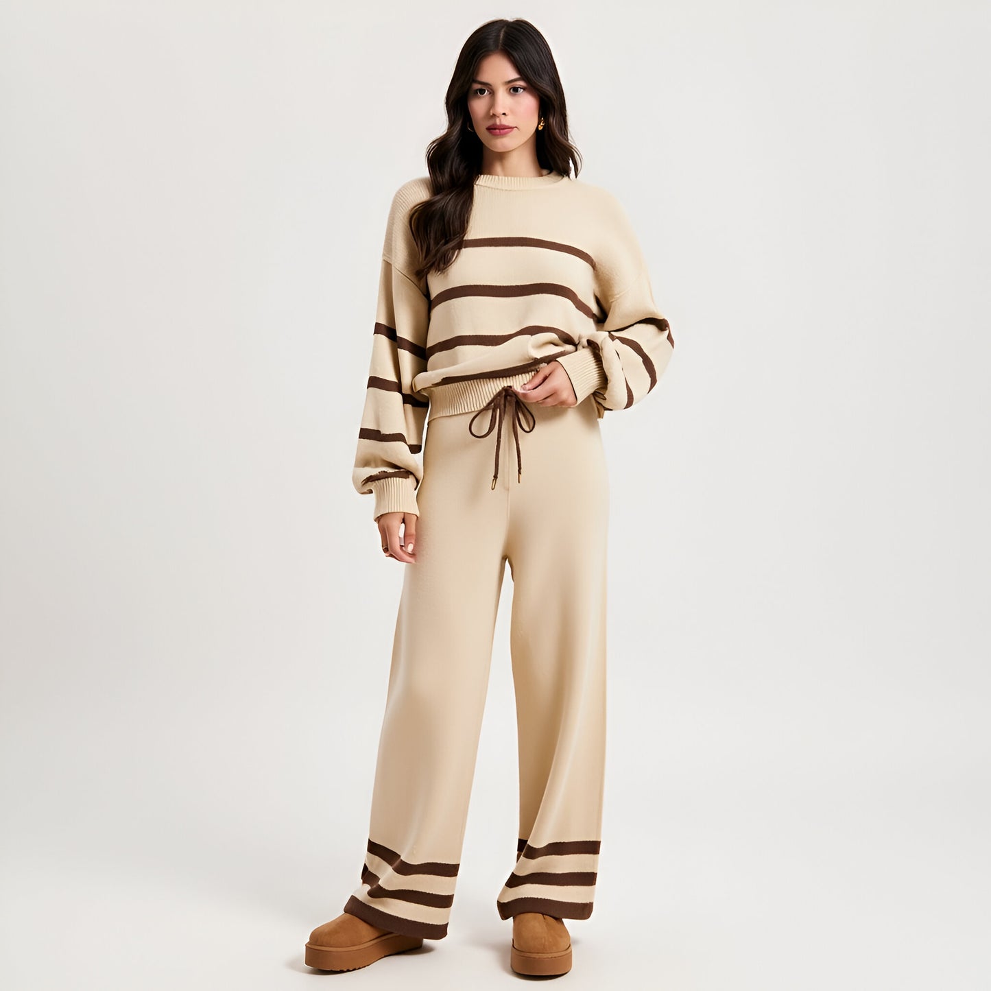 Cozy Striped Sweater and Wide Leg Pants Lounge Set