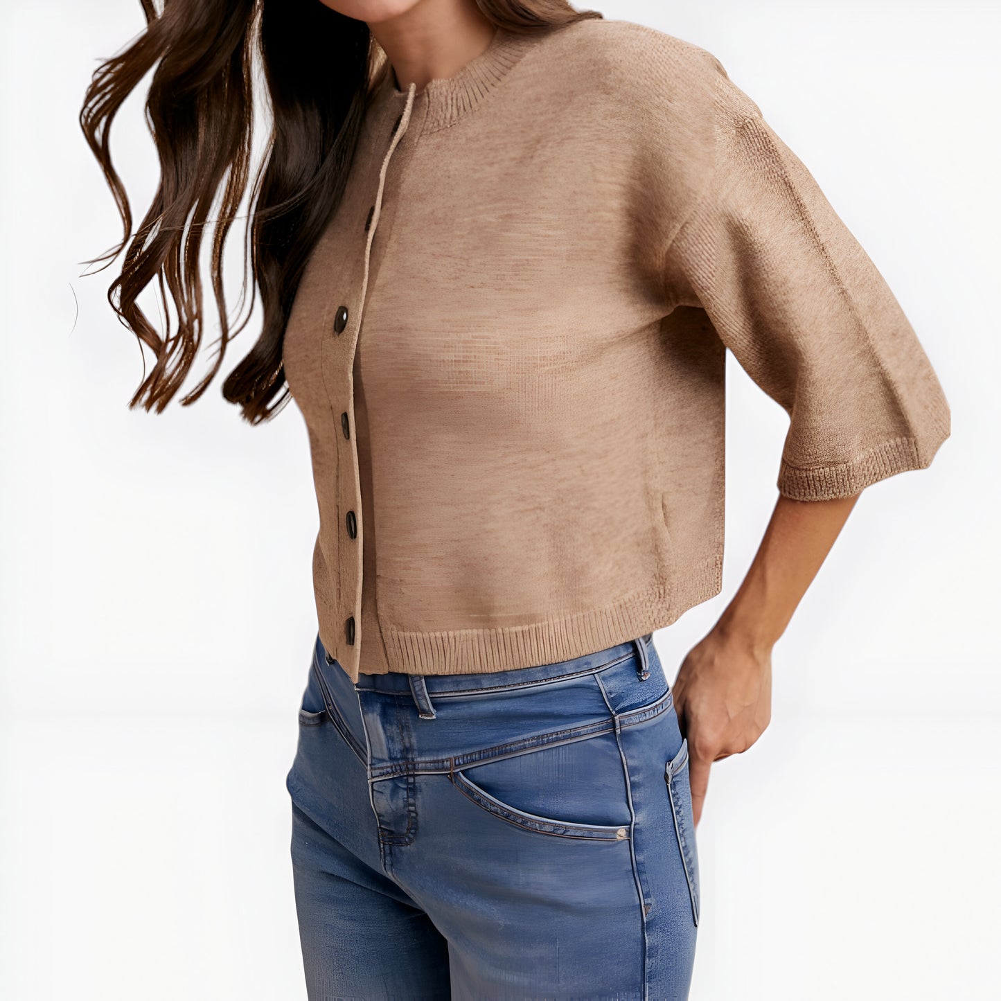 Cropped Cardigan with Wide Sleeves and Button Front Closure