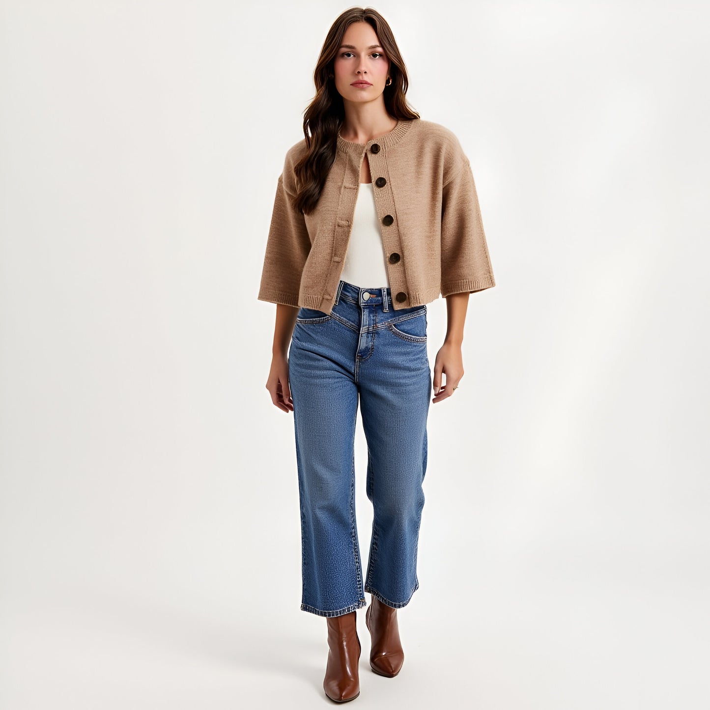 Cropped Cardigan with Wide Sleeves and Button Front Closure