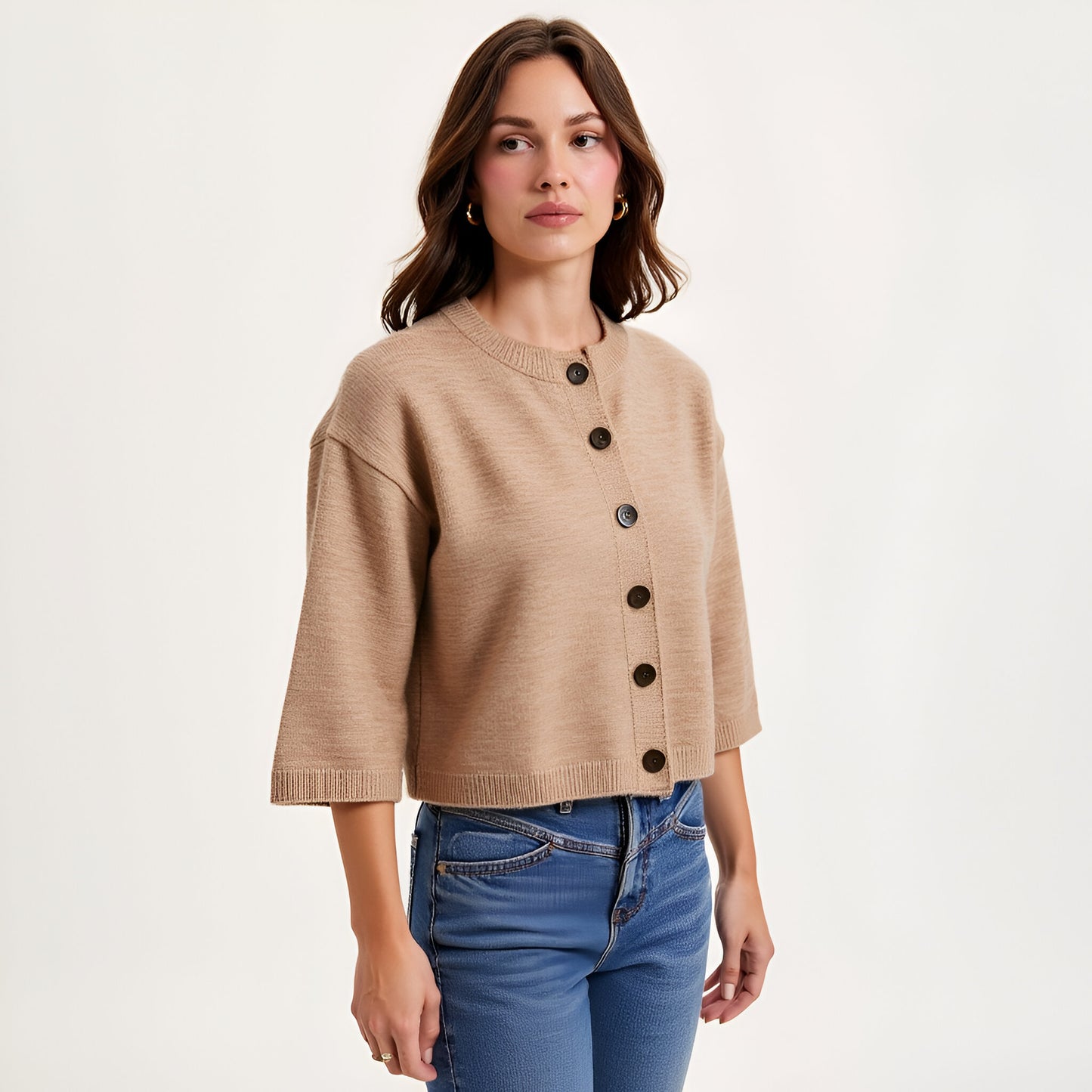 Cropped Cardigan with Wide Sleeves and Button Front Closure