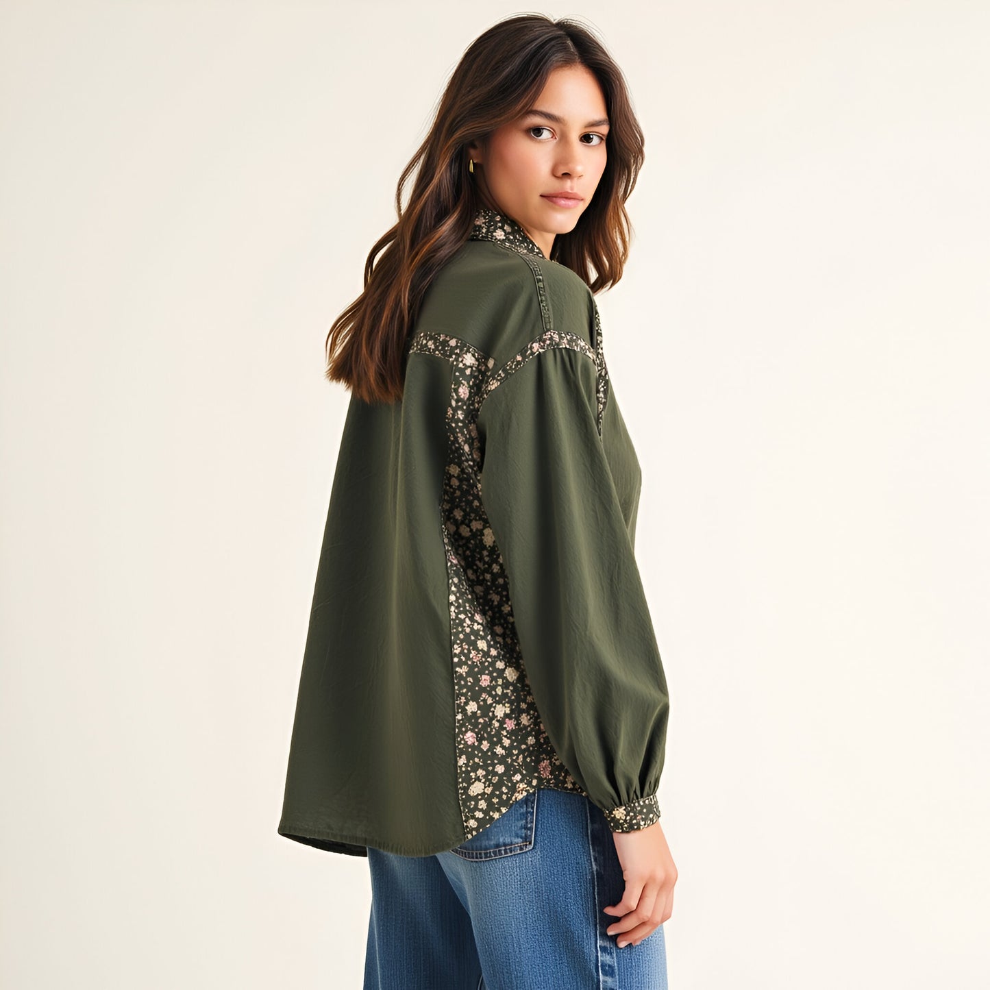 Floral Print Trim Button-Up Shirt with Long Sleeves and Collar