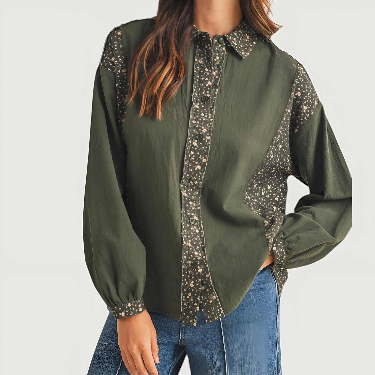 Floral Print Trim Button-Up Shirt with Long Sleeves and Collar