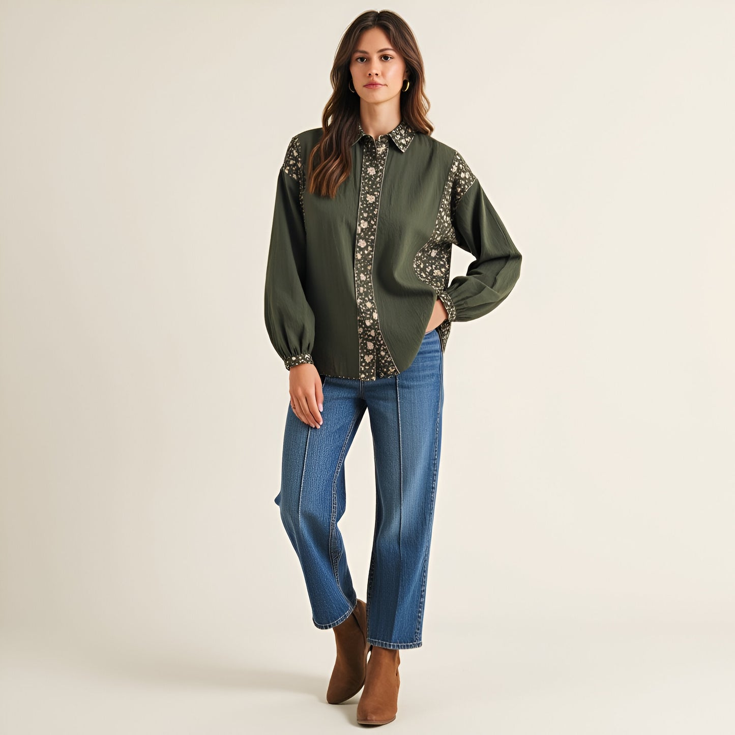Floral Print Trim Button-Up Shirt with Long Sleeves and Collar