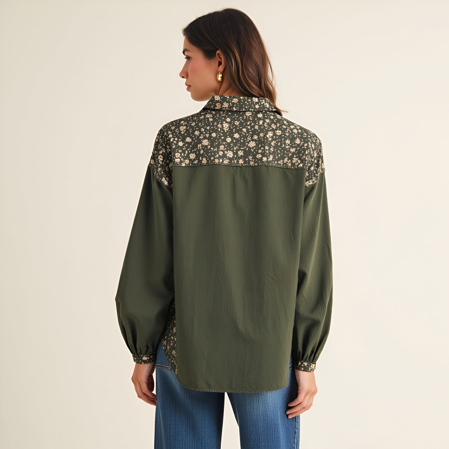 Floral Print Trim Button-Up Shirt with Long Sleeves and Collar