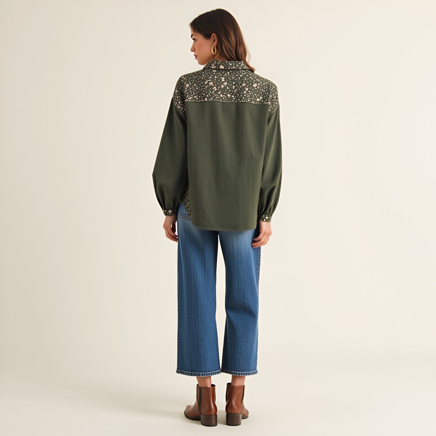 Floral Print Trim Button-Up Shirt with Long Sleeves and Collar