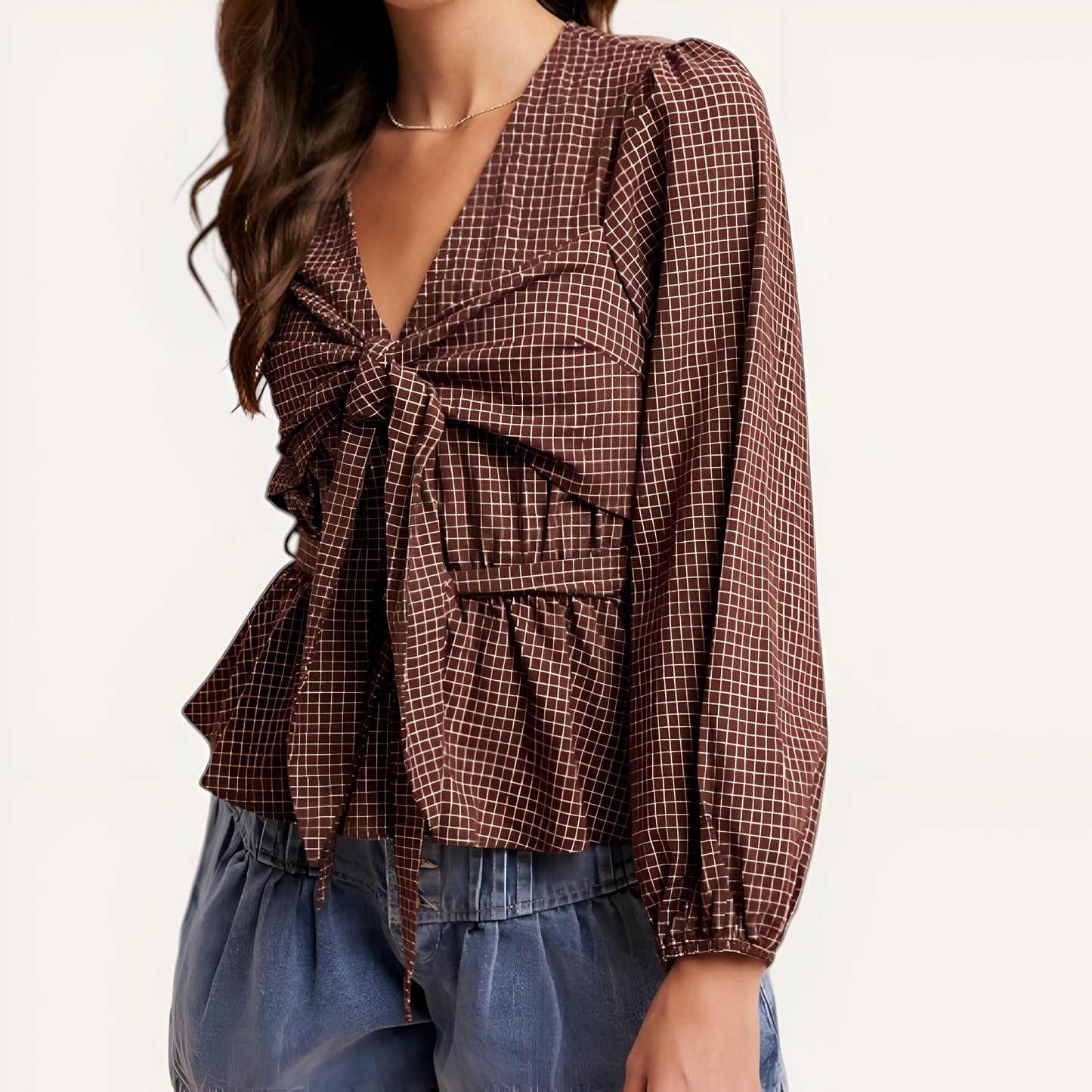 Long Sleeve Peplum Blouse with Front Tie and Subtle Check Pattern
