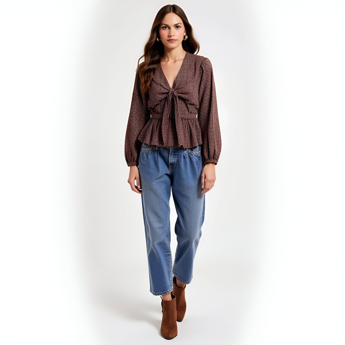 Long Sleeve Peplum Blouse with Front Tie and Subtle Check Pattern