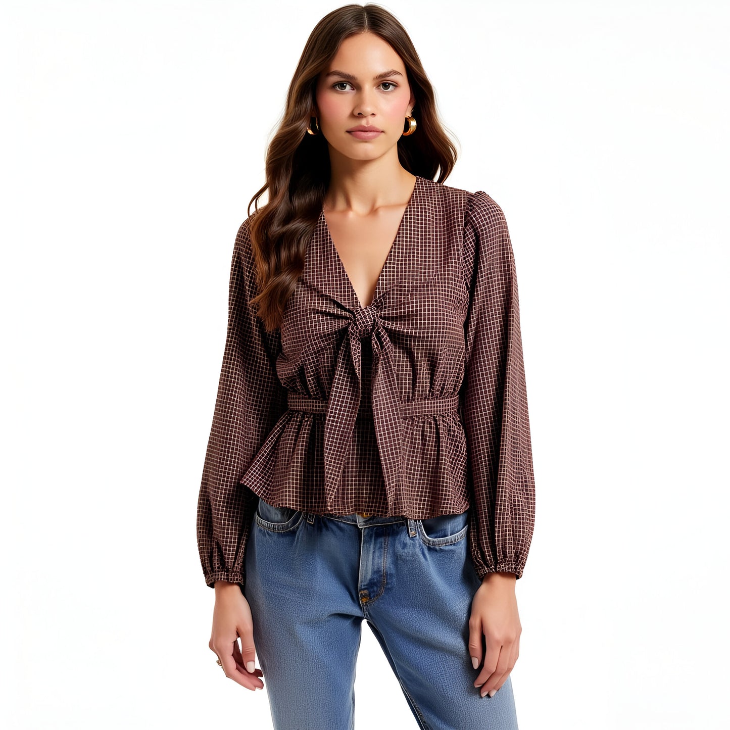 Long Sleeve Peplum Blouse with Front Tie and Subtle Check Pattern