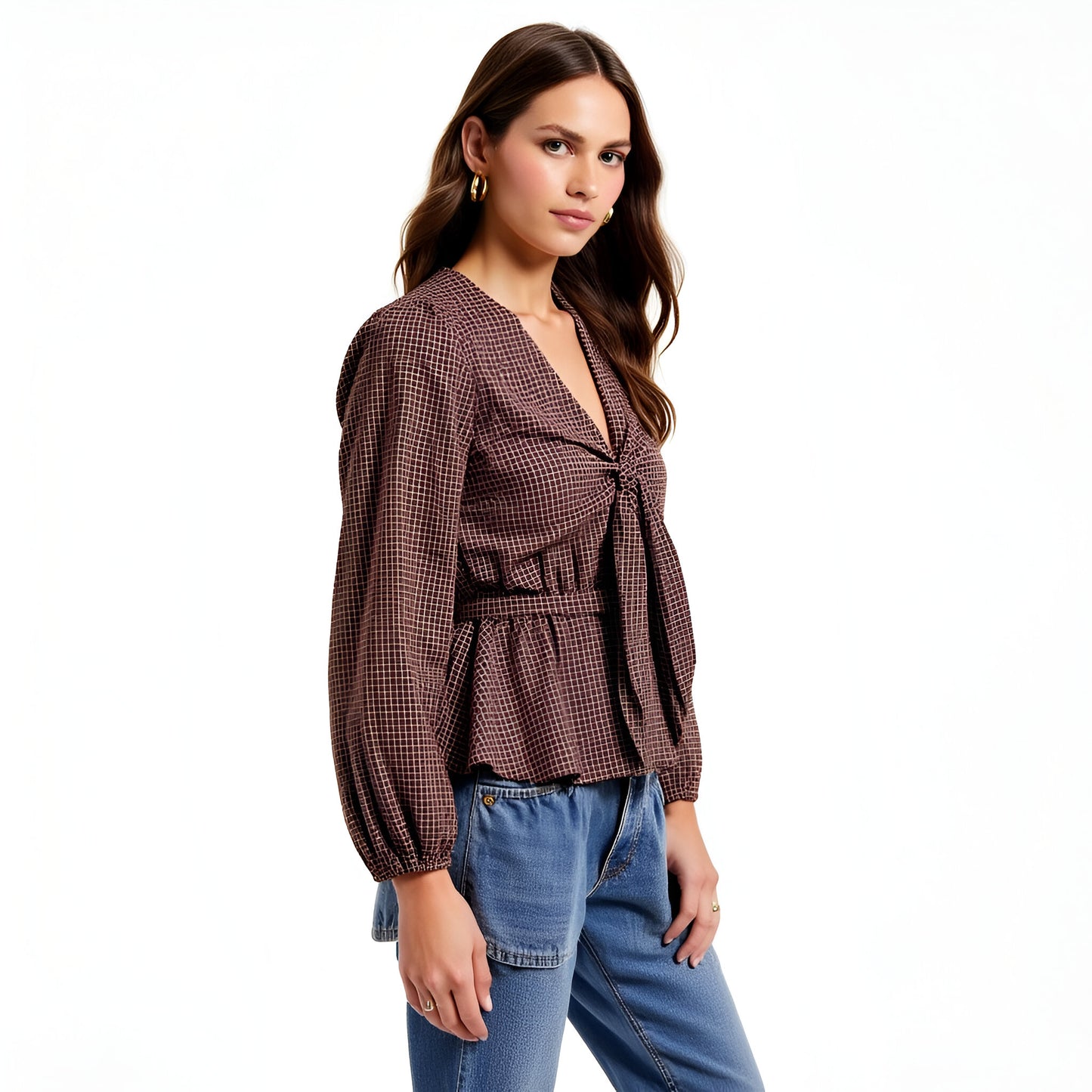 Long Sleeve Peplum Blouse with Front Tie and Subtle Check Pattern