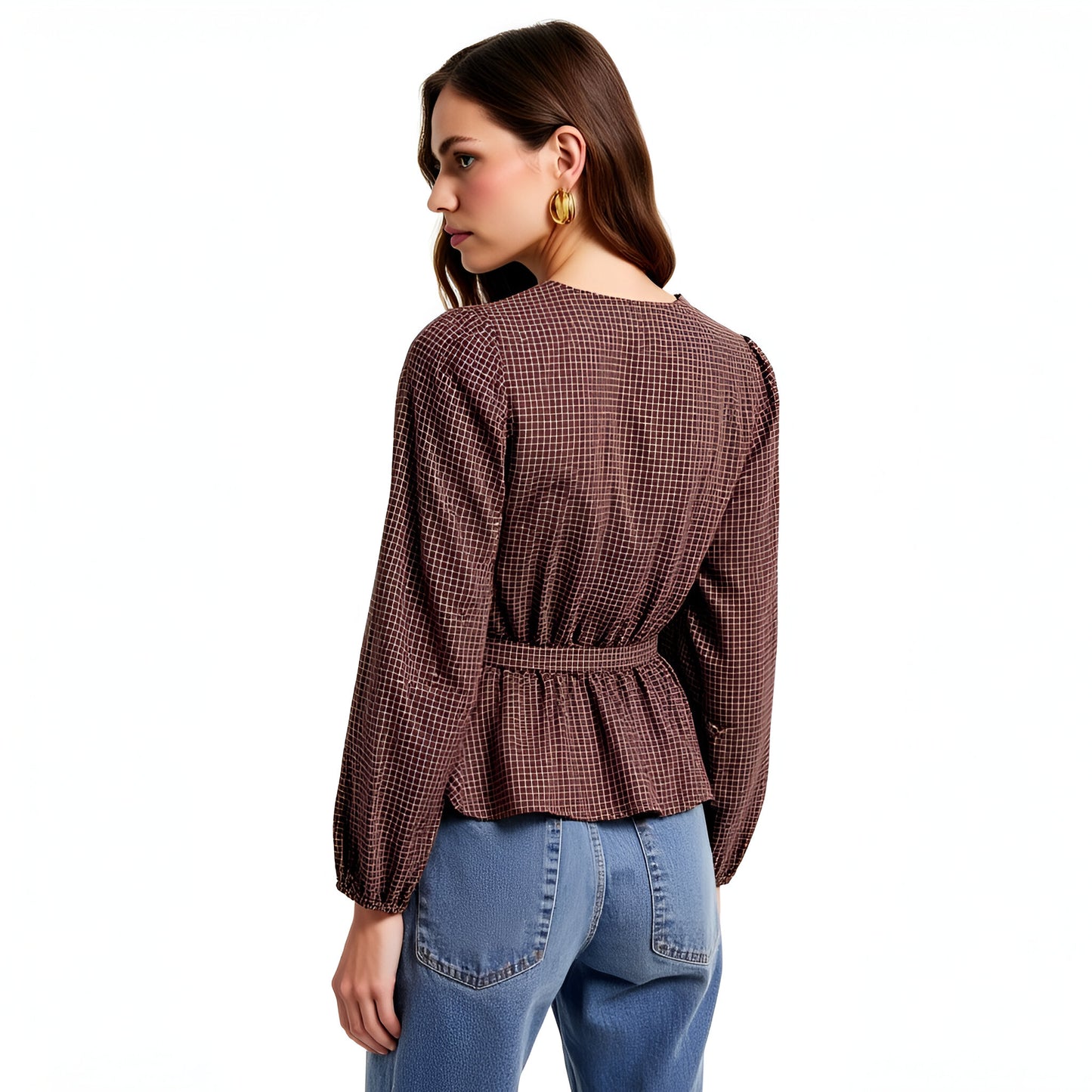 Long Sleeve Peplum Blouse with Front Tie and Subtle Check Pattern