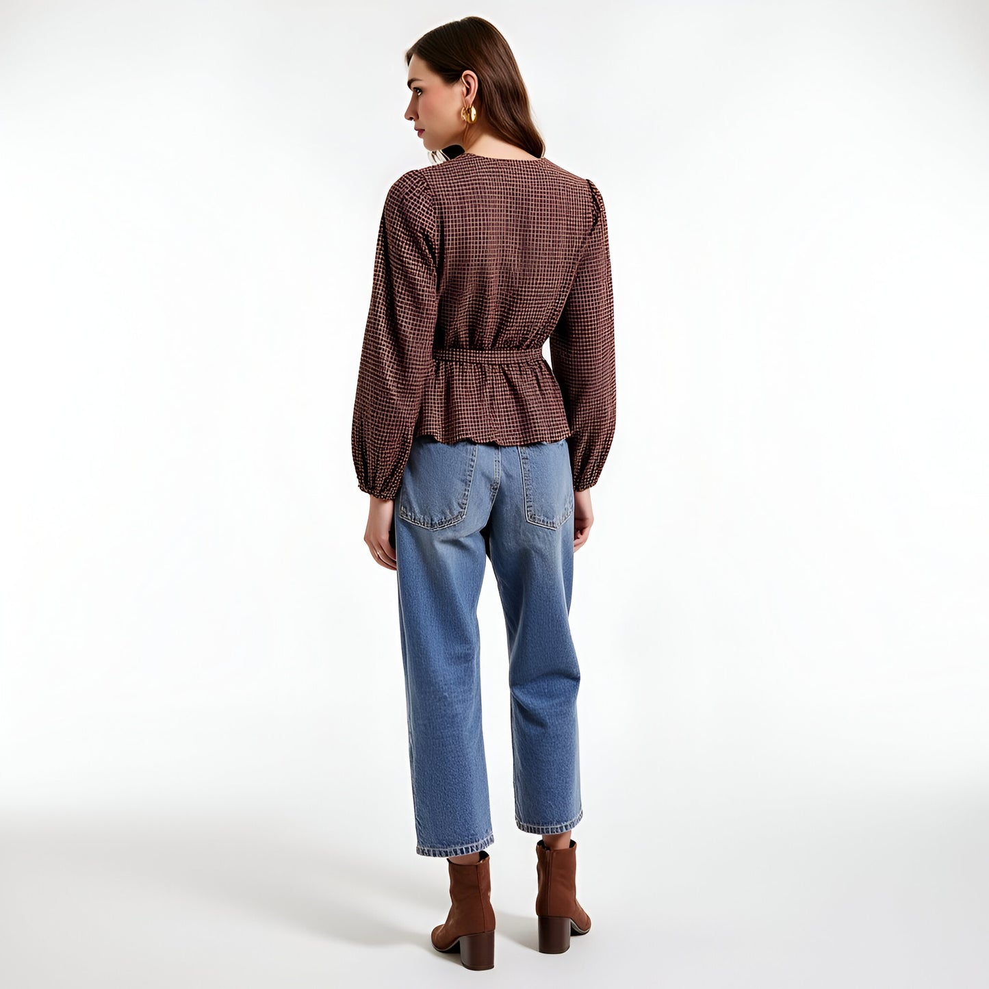 Long Sleeve Peplum Blouse with Front Tie and Subtle Check Pattern