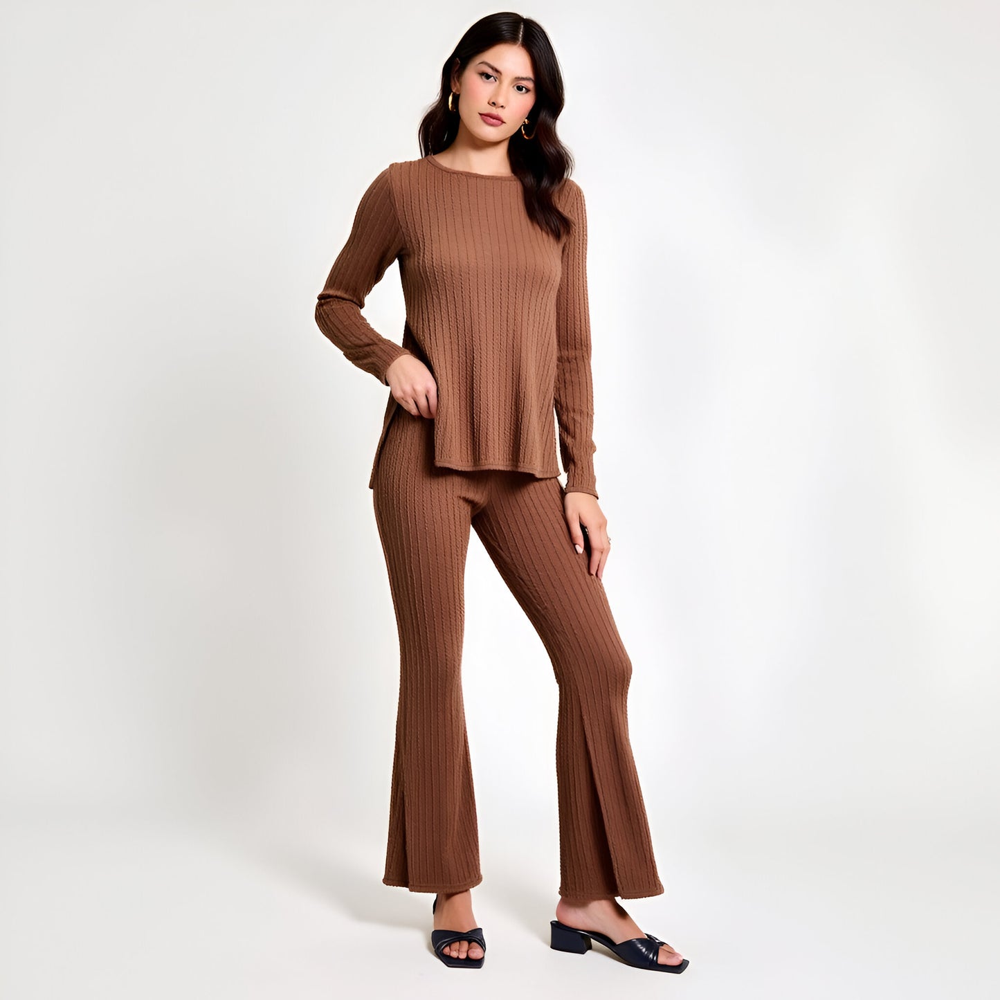 Ribbed Knit Long Sleeve Top and Flared Pants Lounge Set with Side Slit Detail
