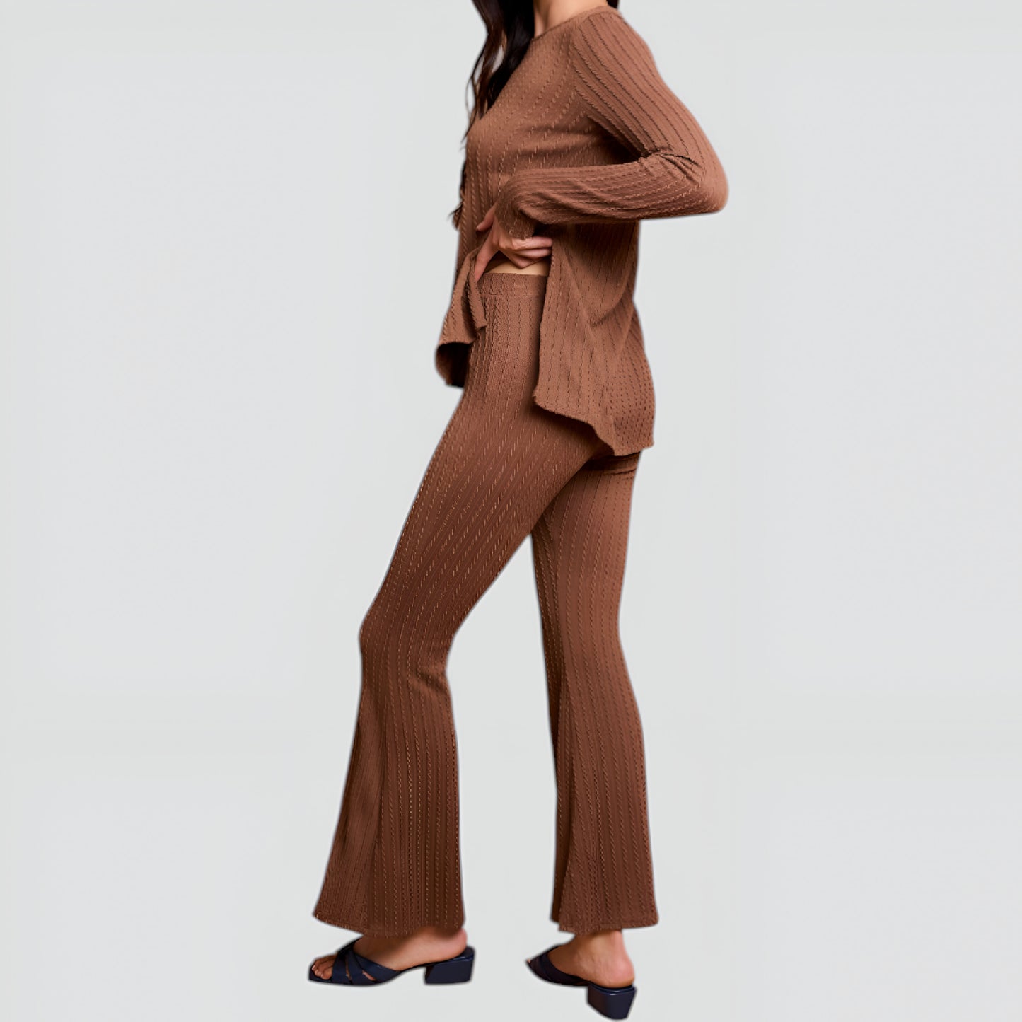 Ribbed Knit Long Sleeve Top and Flared Pants Lounge Set with Side Slit Detail