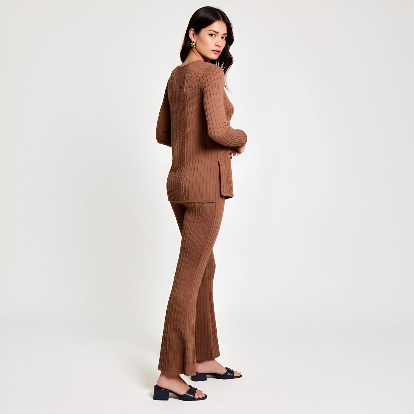 Ribbed Knit Long Sleeve Top and Flared Pants Lounge Set with Side Slit Detail