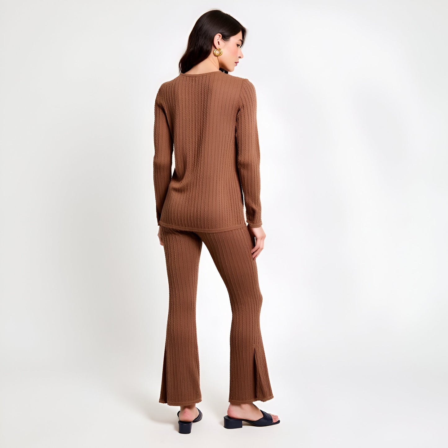 Ribbed Knit Long Sleeve Top and Flared Pants Lounge Set with Side Slit Detail