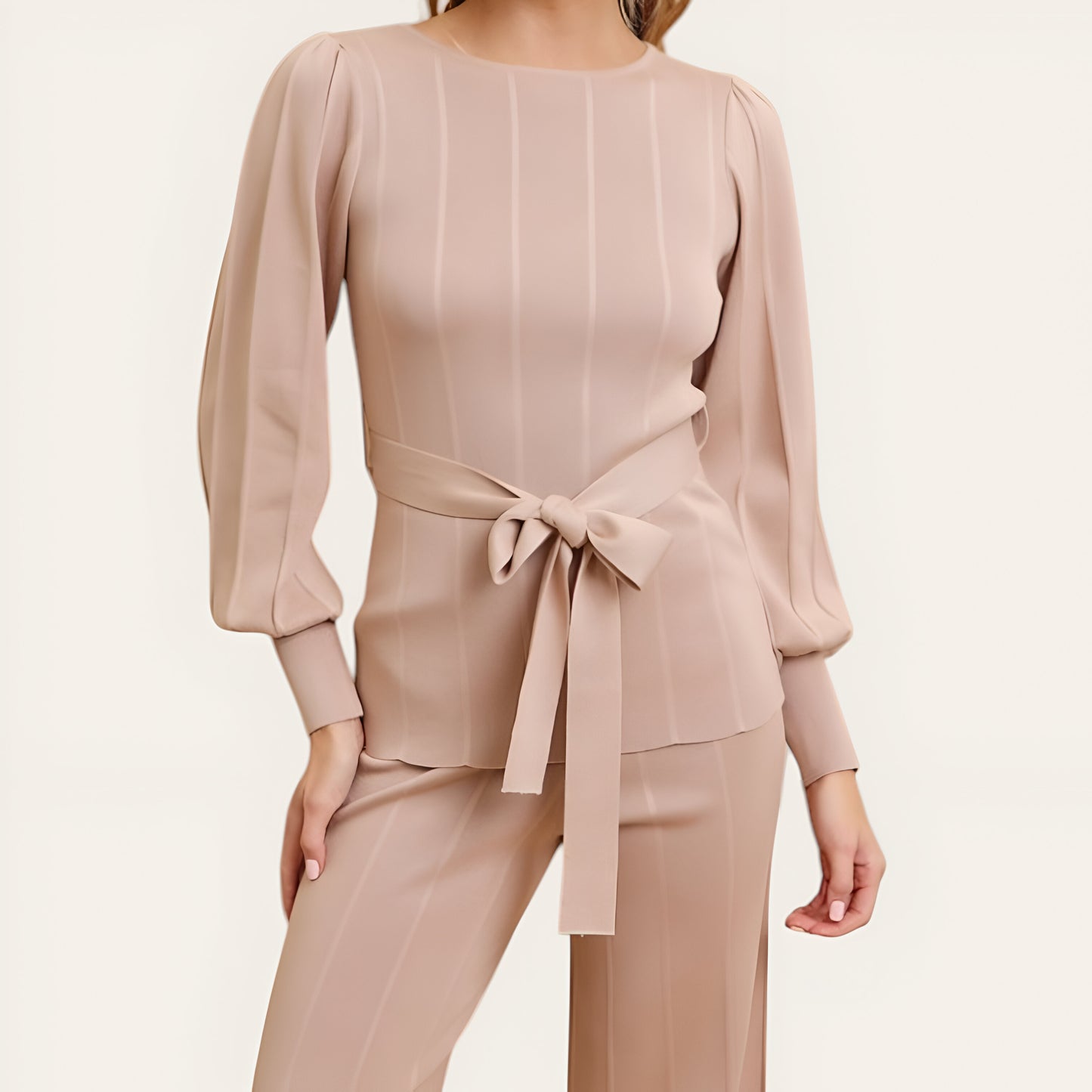 Belted Balloon Sleeve Knit Top & High Waist Straight Leg Pants Set