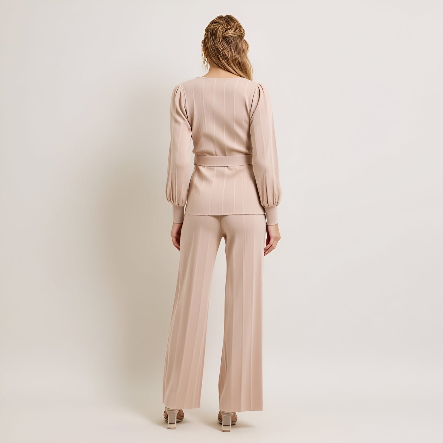 Belted Balloon Sleeve Knit Top & High Waist Straight Leg Pants Set