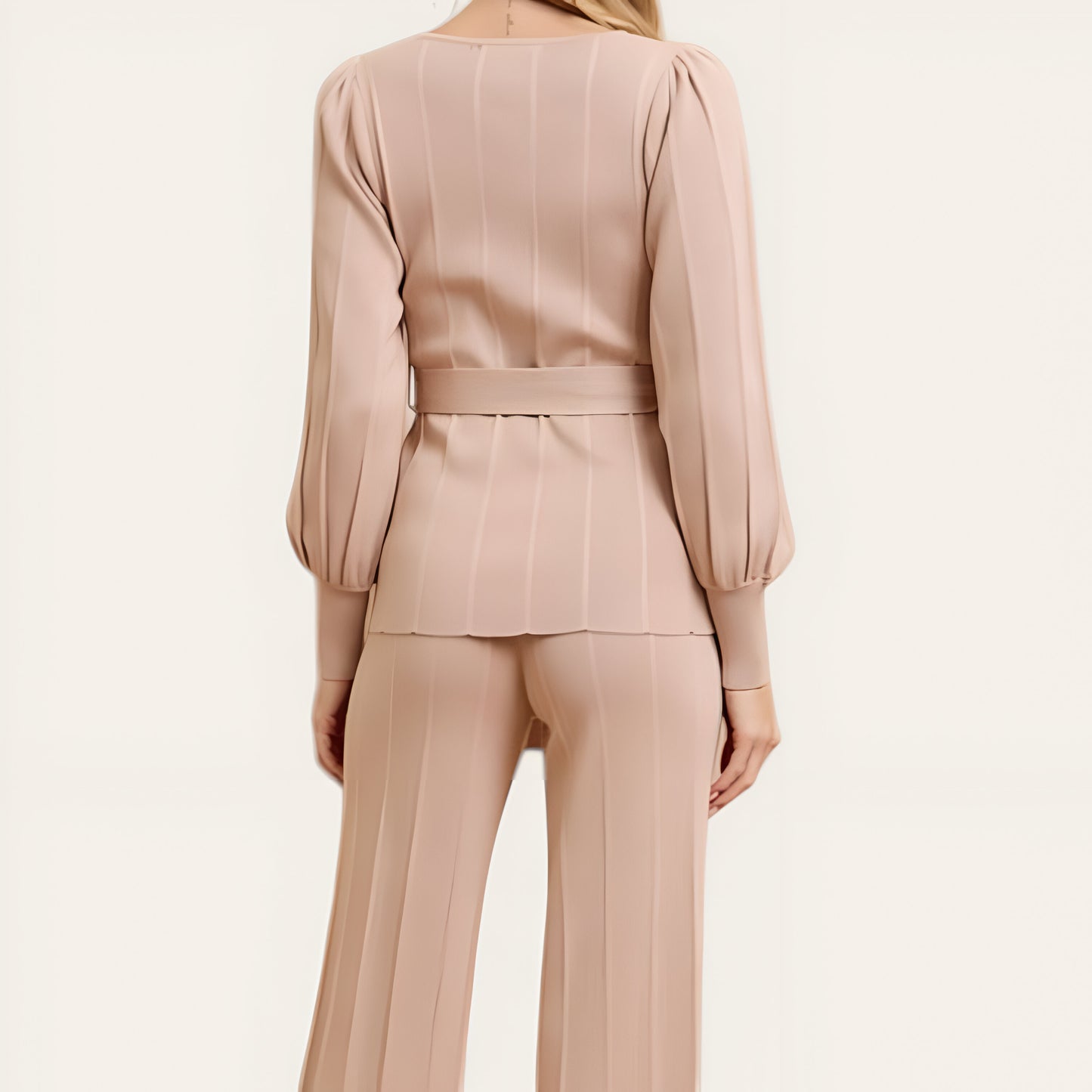 Belted Balloon Sleeve Knit Top & High Waist Straight Leg Pants Set