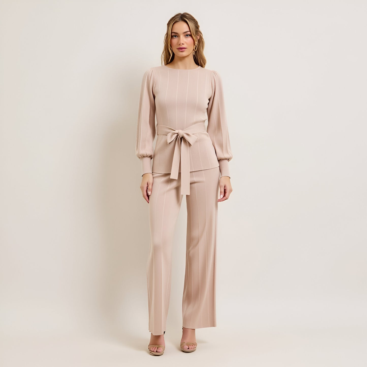 Belted Balloon Sleeve Knit Top & High Waist Straight Leg Pants Set