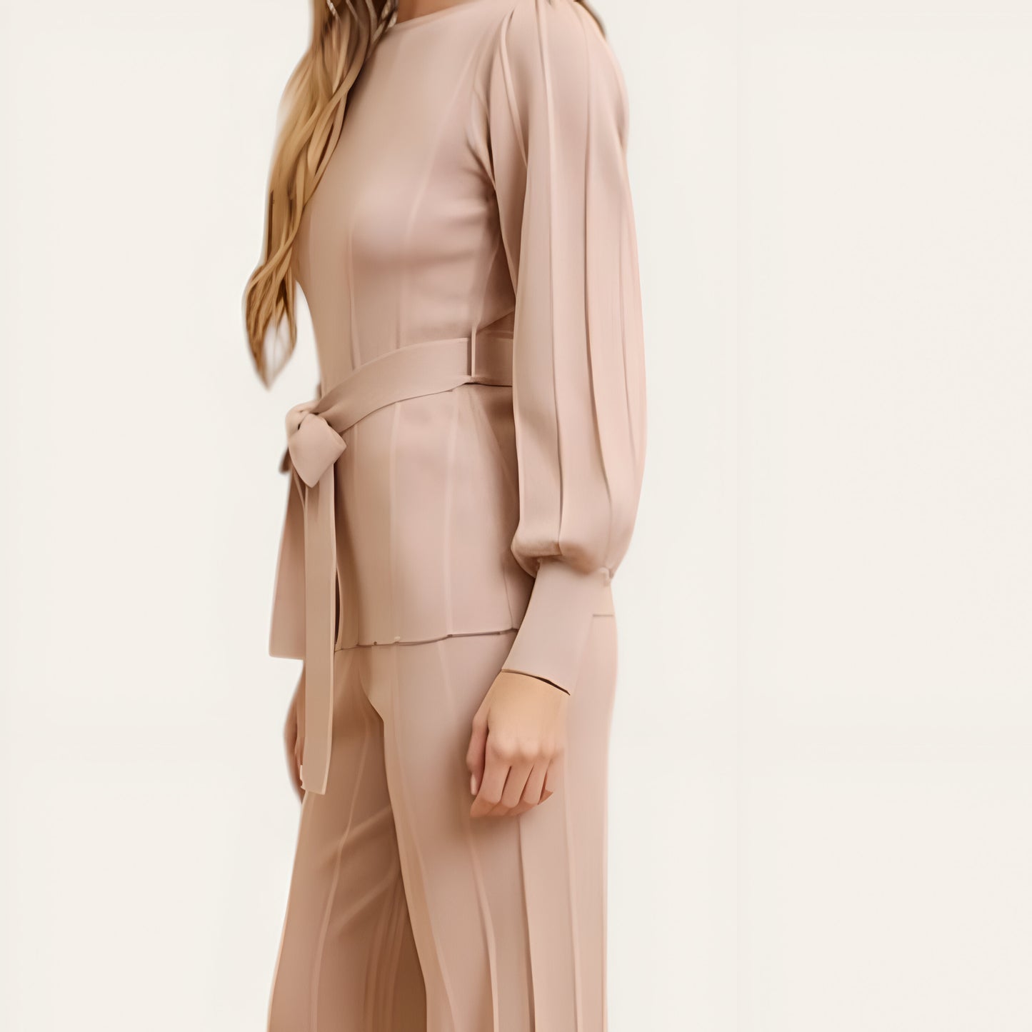 Belted Balloon Sleeve Knit Top & High Waist Straight Leg Pants Set