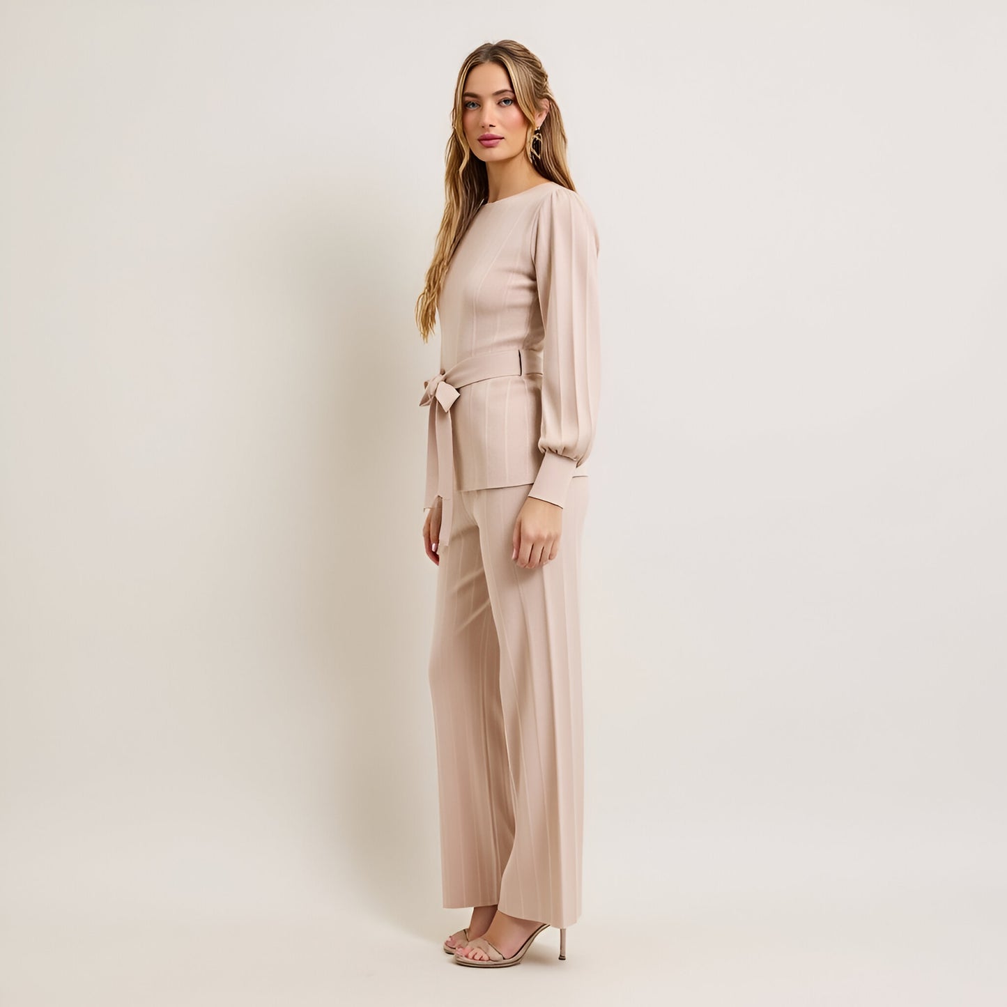 Belted Balloon Sleeve Knit Top & High Waist Straight Leg Pants Set