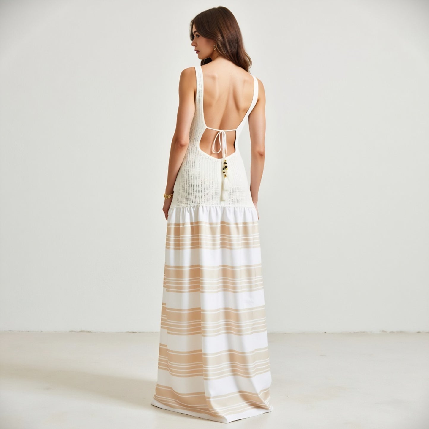 Scoop Back Maxi Dress with Knit Bodice and Striped Skirt Detail