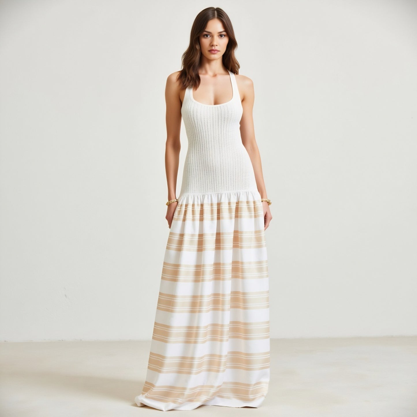 Scoop Back Maxi Dress with Knit Bodice and Striped Skirt Detail