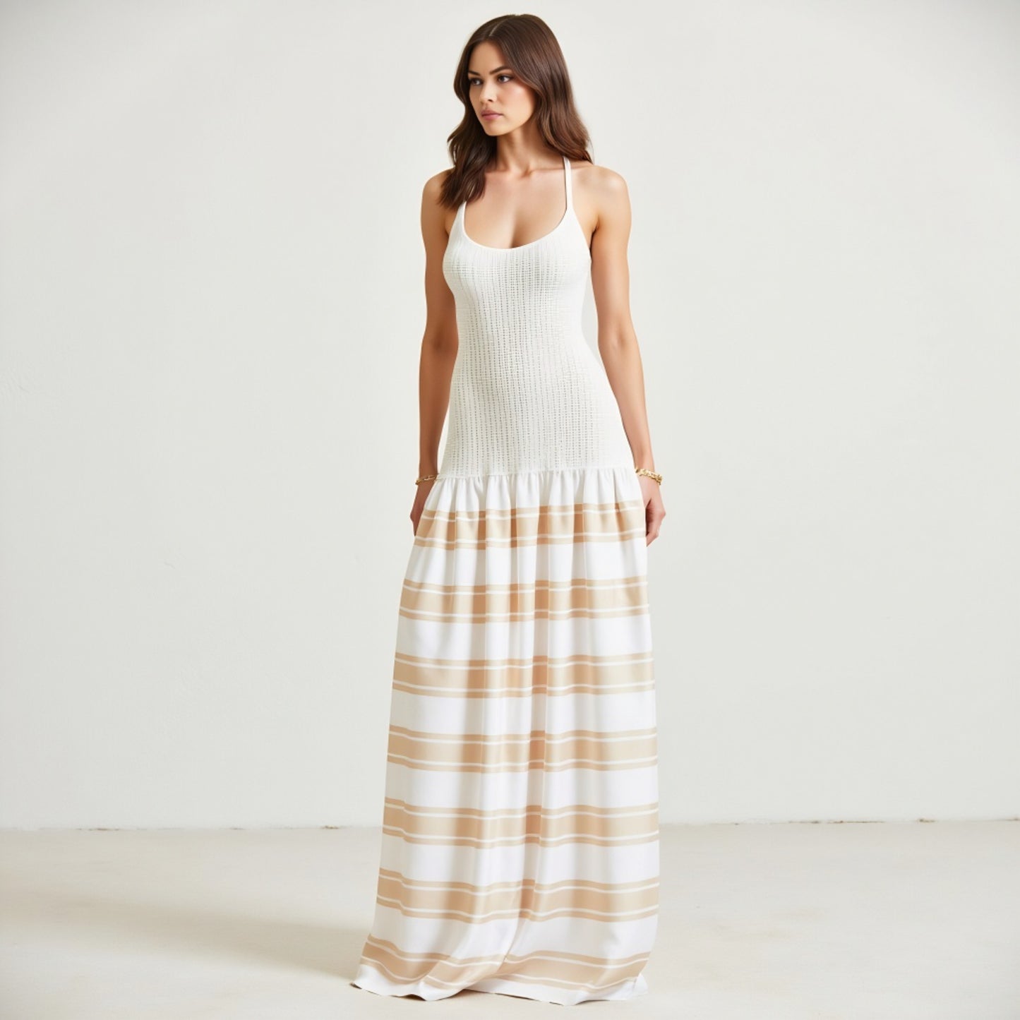 Scoop Back Maxi Dress with Knit Bodice and Striped Skirt Detail