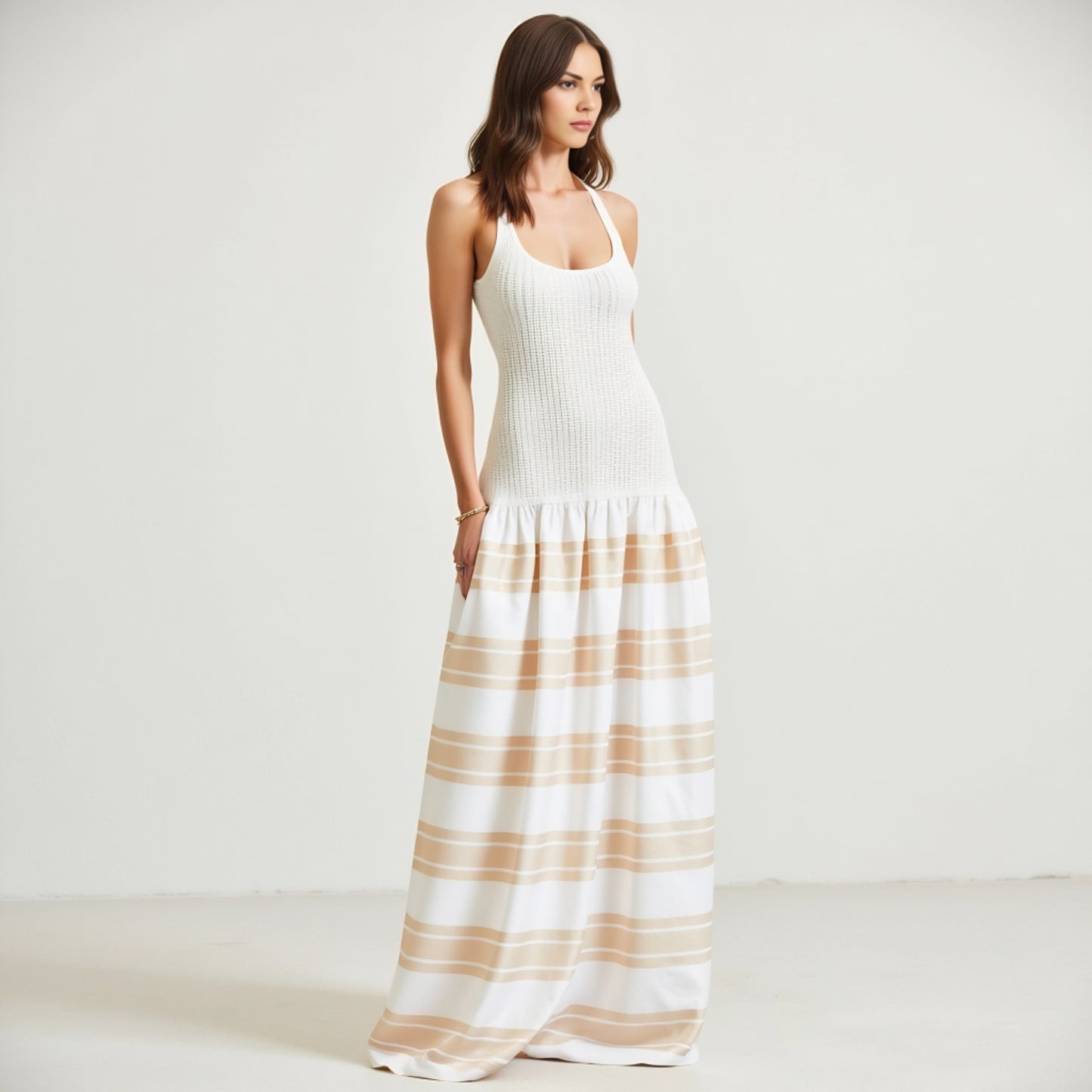 Scoop Back Maxi Dress with Knit Bodice and Striped Skirt Detail