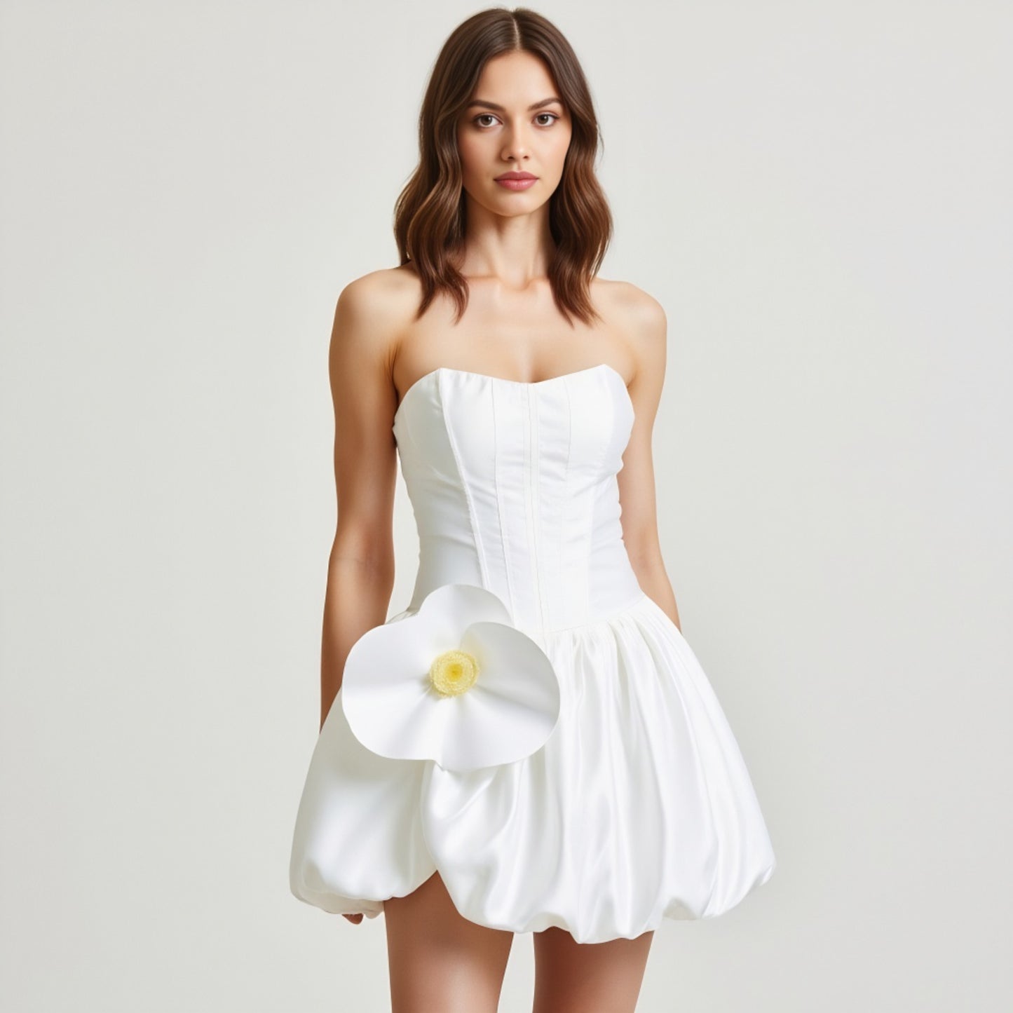 Strapless Bubble Skirt Corset Mini Dress with 3D Floral Accent