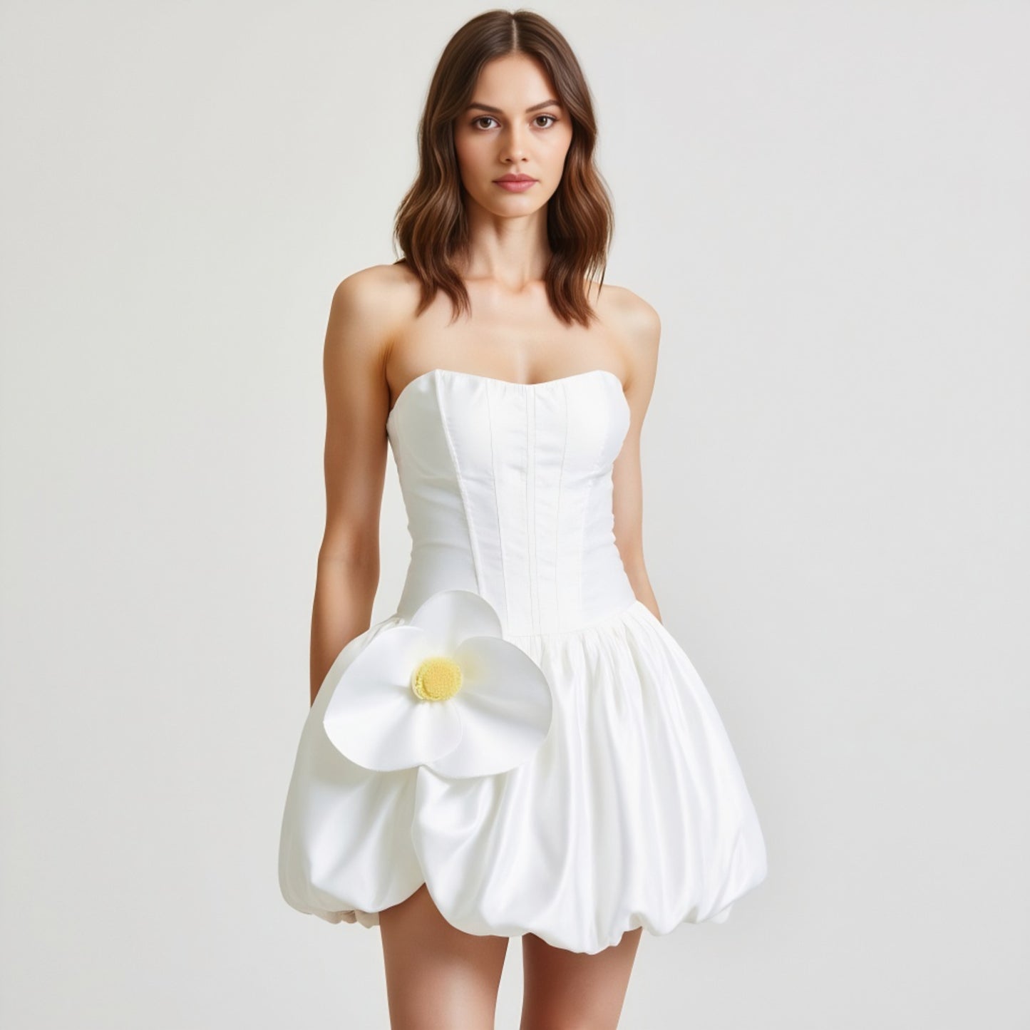 Strapless Bubble Skirt Corset Mini Dress with 3D Floral Accent