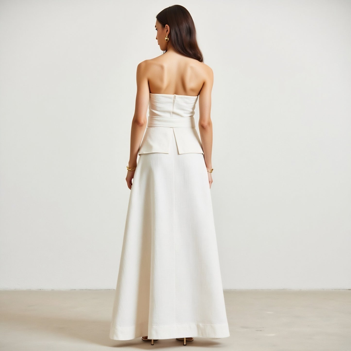 Strapless High-Low Dress with Belted Waist and Double-Breasted Buttons